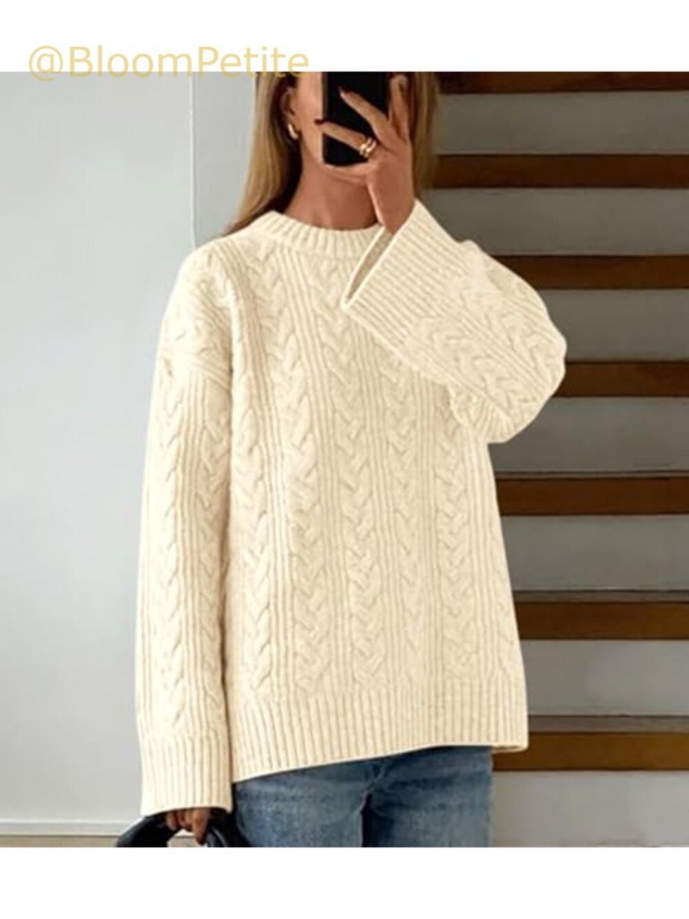 Oversized Cable Knit Crewneck Sweater Chunky Soft Pullover - Picture 4 of 6